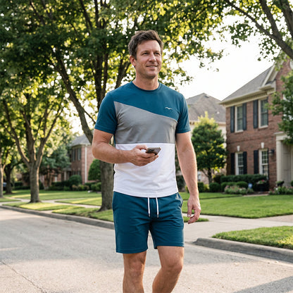 👕 50% de desconto: Conjunto de lazer de 2 peças para homem | T-shirt e calções com blocos de cor para o dia-a-dia e desporto 🌿